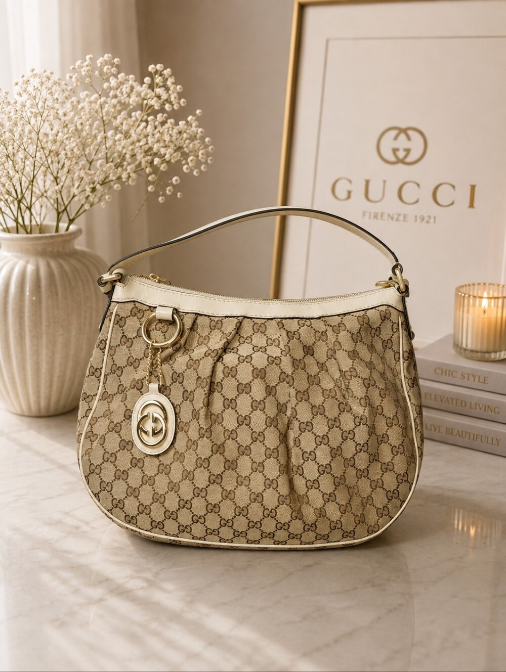 Authentic Gucci Beige Monogram Canvas Sukey Shoulder Bag with Ivory Trim Vintage